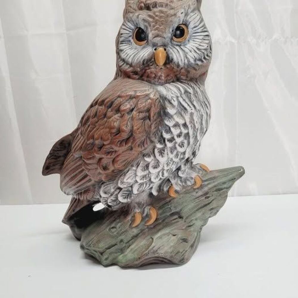 #LR Large Wise old owl igurine sitting on log ceramic vintage 1980 14" tall 11" - Picture 5 of 10